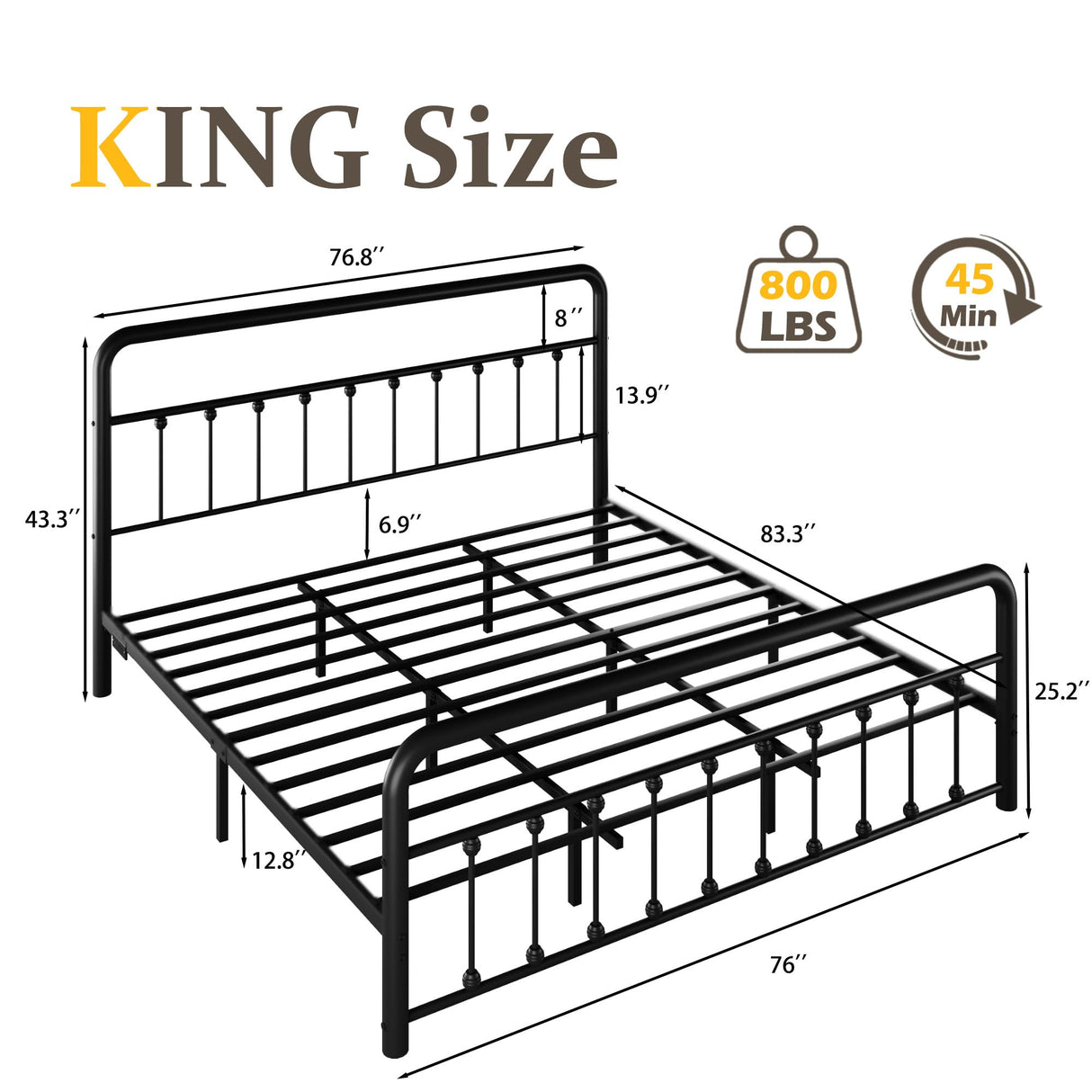 Fluest 14 Inch King Bed Frame Classic Metal Platform Bed Frame with Charging Station & LED, Victorian Style Iron-Art Headboard/Footboard, Under Bed Storage, No Box Spring Needed, Noise Free Fluest