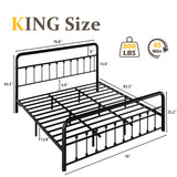 Fluest 14 Inch King Bed Frame Classic Metal Platform Bed Frame with Charging Station & LED, Victorian Style Iron-Art Headboard/Footboard, Under Bed Storage, No Box Spring Needed, Noise Free Fluest