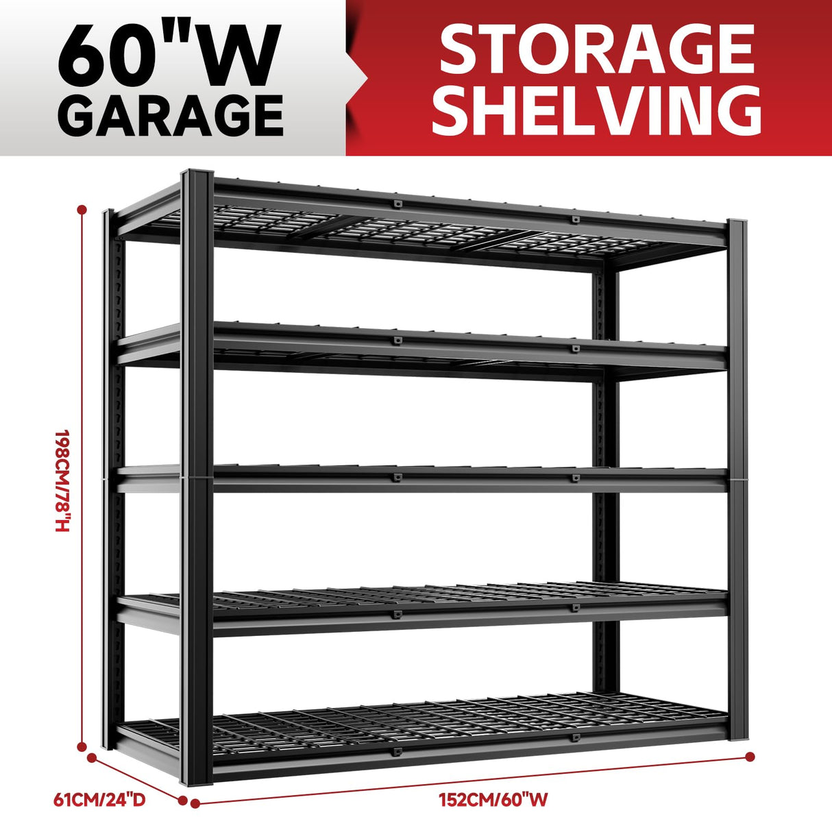 cynnda 5-Tier 60”W x 24”D x 78”H Garage Shelving Adjustable Metal Storage Shelves 3000LBS Garage Shelving Heavy Duty Utility Shelf Unit Storage Racks for Warehouse(Black) cynnda