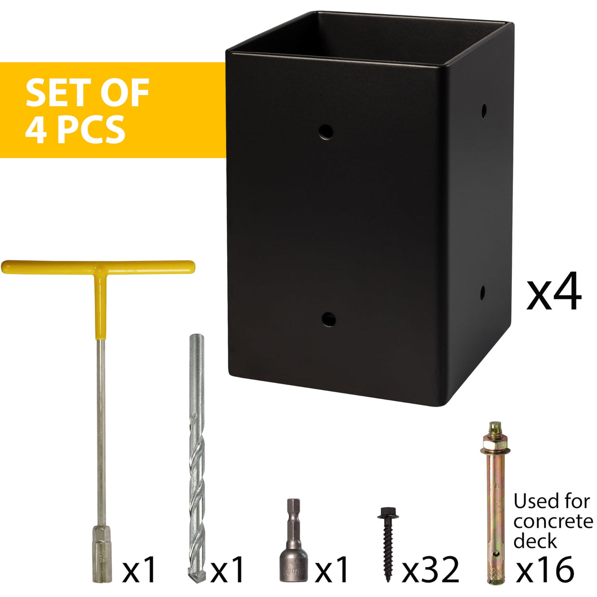 (4 PCS) LADECH 4x4 Post Anchor Base with Bottom Drainage Hole, Concealed Bolts, Black Powder Coated Brackets for Fence Posts, Pergola, Mailbox Post, Come with Wood Screws and Concrete Anchors LADECH