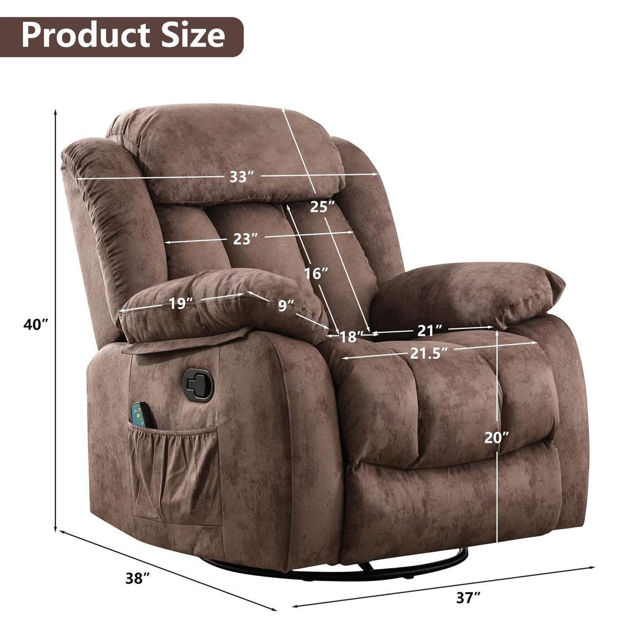 CANMOV Massage Rocker Recliner with Heat and Vibration, 360 Degree Swivel Manual Antiskid Fabric Single Sofa Heavy Duty Reclining Chair for Living Room, Dark Brown CANMOV