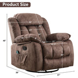 CANMOV Massage Rocker Recliner with Heat and Vibration, 360 Degree Swivel Manual Antiskid Fabric Single Sofa Heavy Duty Reclining Chair for Living Room, Dark Brown CANMOV