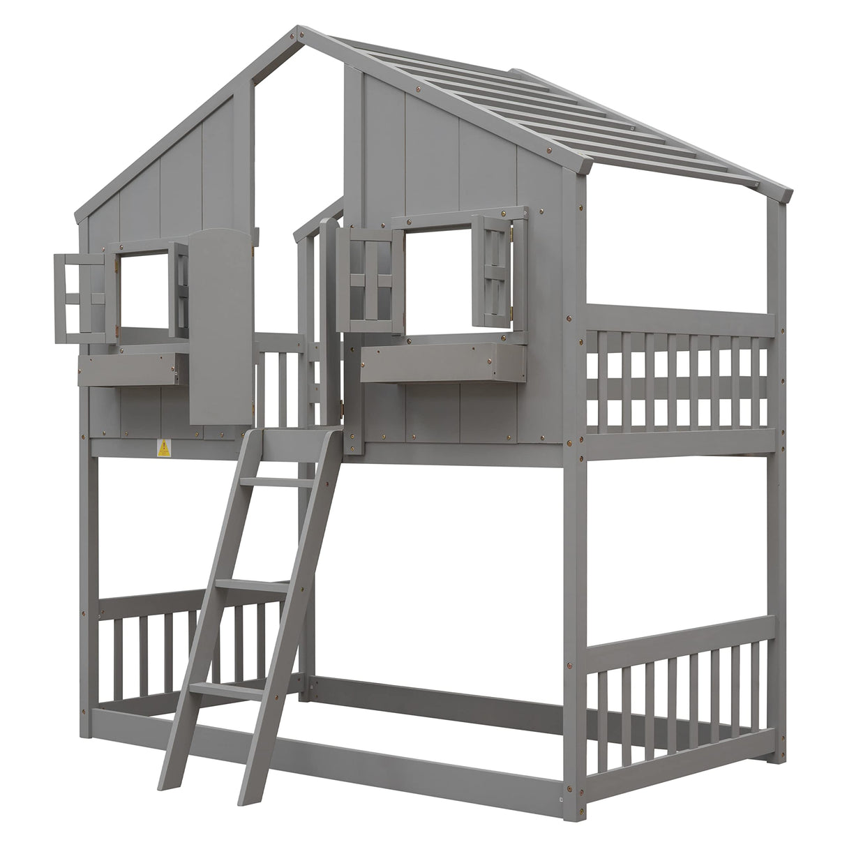 Harper & Bright Designs House Bunk Bed Twin Over Twin for Kids, Wood Bunk Beds with Roof, Windows, Window Box and Small Door, Floor Bunk Beds with Ladder and Guard Rails for Girls Boys,Grey Harper & Bright Designs