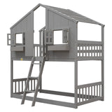 Harper & Bright Designs House Bunk Bed Twin Over Twin for Kids, Wood Bunk Beds with Roof, Windows, Window Box and Small Door, Floor Bunk Beds with Ladder and Guard Rails for Girls Boys,Grey Harper & Bright Designs