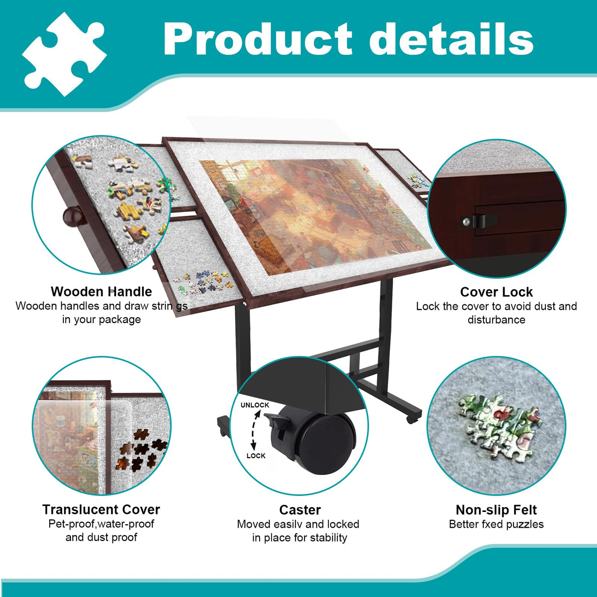 Jigsaw Puzzle Table 1500 Pieces,Adjustable Height&Up Puzzle Board with Cover and 4 Drawers,34×26in Puzzle Tables for Adults,Puzzle Board with Cover with Legs for Puzzle Doer(Coffee Color) RAGOZONERY