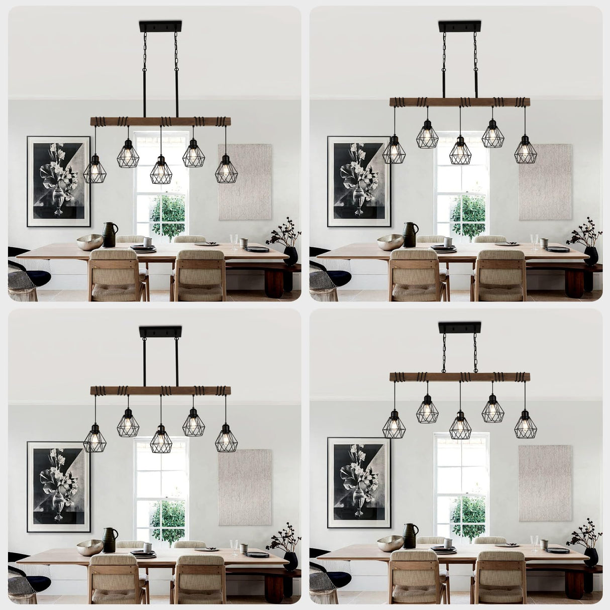 5-Light Kitchen Chandeliers Over Table, Farmhouse Black Dining Room Light Fixture, Linear Rustic Wood Ceiling Pendant Island Light Fixtures with Metal Lampshade, Height Adjustable CmnVmn