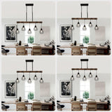 5-Light Kitchen Chandeliers Over Table, Farmhouse Black Dining Room Light Fixture, Linear Rustic Wood Ceiling Pendant Island Light Fixtures with Metal Lampshade, Height Adjustable CmnVmn