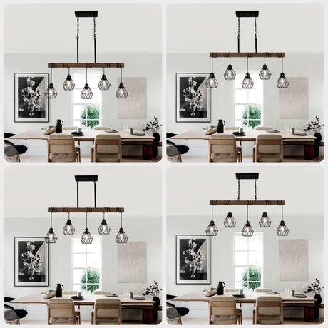 5-Light Kitchen Chandeliers Over Table, Farmhouse Black Dining Room Light Fixture, Linear Rustic Wood Ceiling Pendant Island Light Fixtures with Metal Lampshade, Height Adjustable CmnVmn