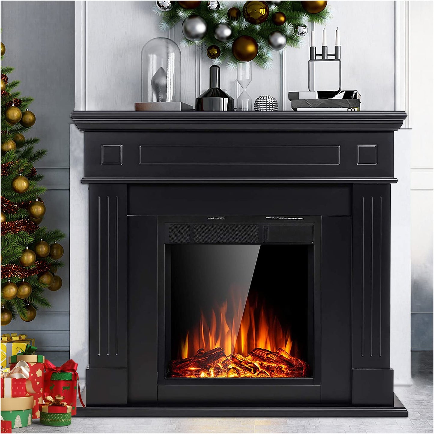 Cowsar 44" Electric Fireplace with Mantel Package Free-Standing Fireplace Heater, Wooden Surround Firebox with Log, Remote Control, 750-1500W, Black