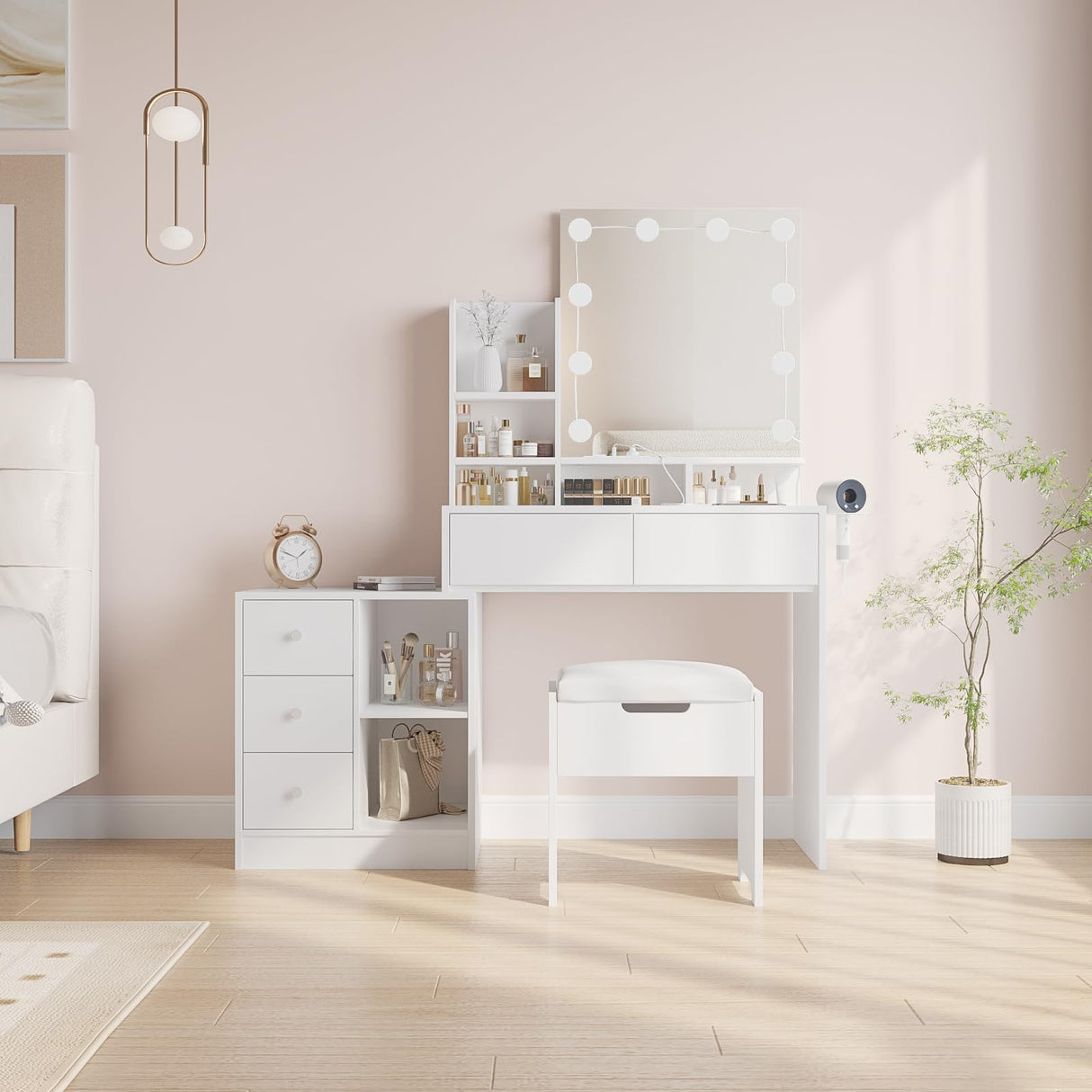 Fameill Makeup Vanity Mirror with Lights, Vanity with stools and Charging Station, LED Lights Makeup Mirror Vanity Set with 5 Drawers and Lots Storage Shelves for Women and Girls, White Fameill