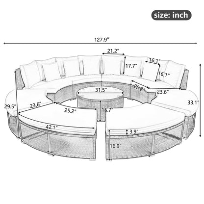 Merax 9-Pieces Outdoor Wicker Patio Conversation Furniture Set with Glass Table and 6 Pillows, Circular Sectional Sofa Conversation Set,Outdoor Patio Seating Sofas Set Grey - WoodArtSupply