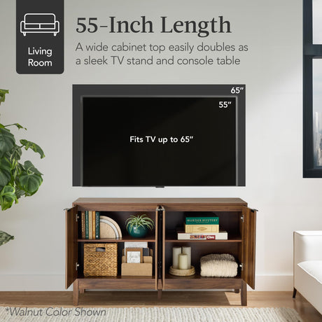 Best Choice Products 55" Modern 4-Door Sideboard Storage Cabinet, Buffet, Media Cabinet, Cupboard, Entryway Accent Table, Bookcase w/Reed Panels and Adjustable Shelves - Black Best Choice Products