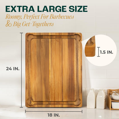 Yes4All Extra Large Acacia Wood Cutting Board for Kitchen, 24''L x 15''W x 1.5'' Thick, Durable Edge Grain Design with Juice Grooves, Pre-Oiled, Easy Grip Handle, Ideal for Chopping and Serving