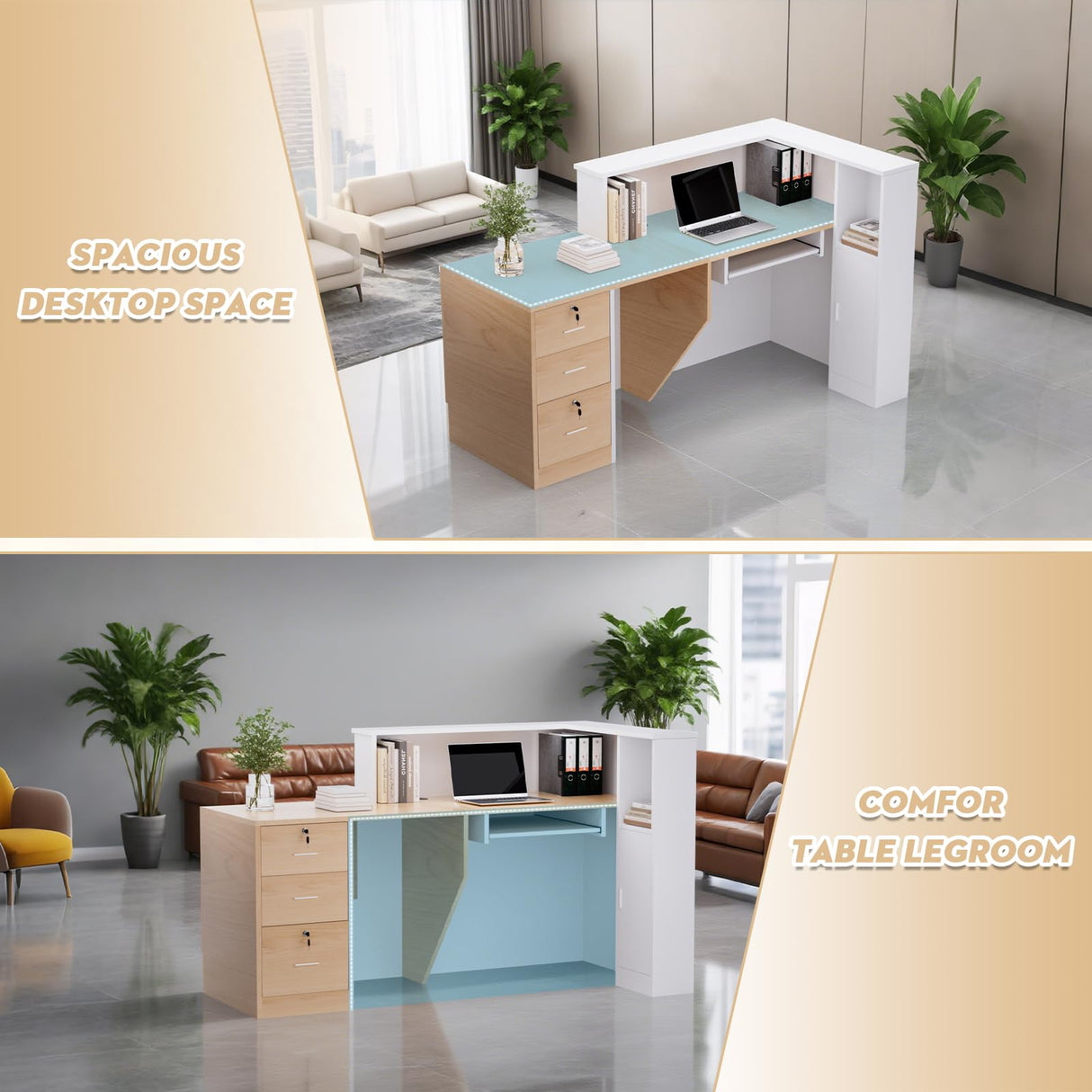 Easilywinlife 70.87IN Modern Wooden Commercial L Shaped Reception Desk with Counter, Lockable Drawers, Door Cabinet, Front Desk for Checkout, Lobby, Beauty Salon, Plain Wood Color, Left Cabinet Easilywinlife