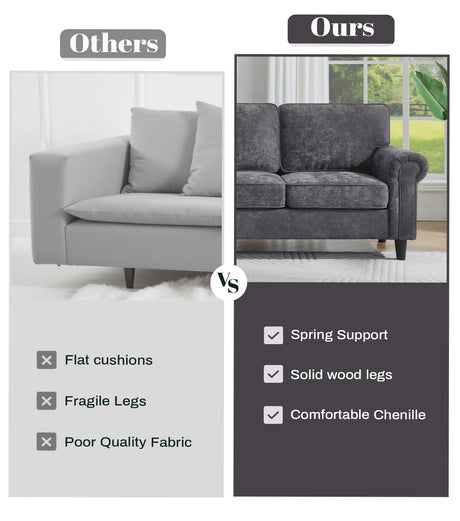 Kingfun 3 Seater Couch, Mid Century Modern Sofa with Rolled Arms and Deep Seats, Fluffy Comfort for Living Room, Apartment, Easy Assembly, Gray Kingfun