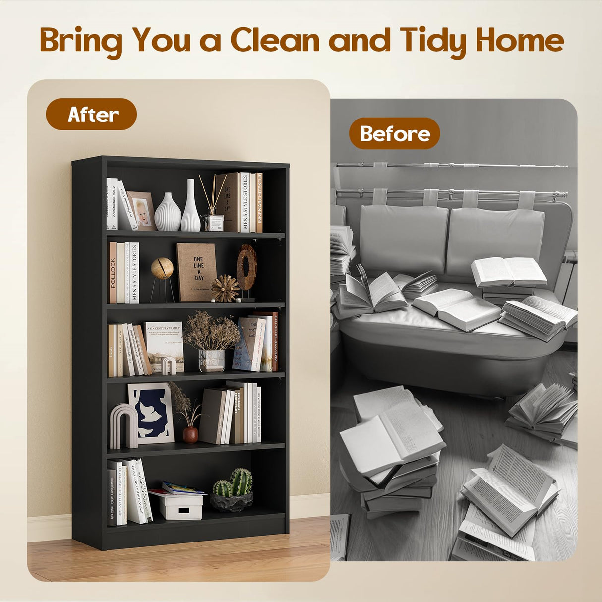 Soohow 5 Shelf Bookcase,60 Inch Wood Tall Bookshelves for Living Room,Black Soohow