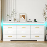 Bvldfamly Wide 9 Drawers Dresser with LED Lights - 63 INCH Modern Wooden Chest of Drawers for Bedroom, Charging Station Storage Organizer Closet for Bedroom, Living Room, White Bvldfamly