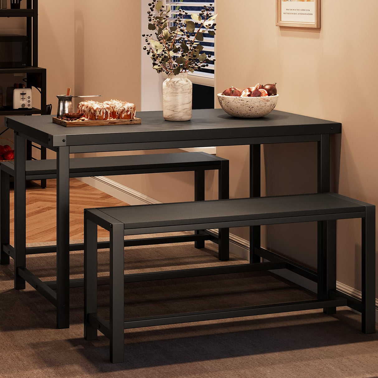 IDEALHOUSE Dining Table Set for 4, Kitchen Table with Benches, Rectangular Dining Room Table Set with 2 Metal Wood Benches, 3 Piece Dining Table Set for Small Space, Apartment, Dinette, Retro Black IDEALHOUSE