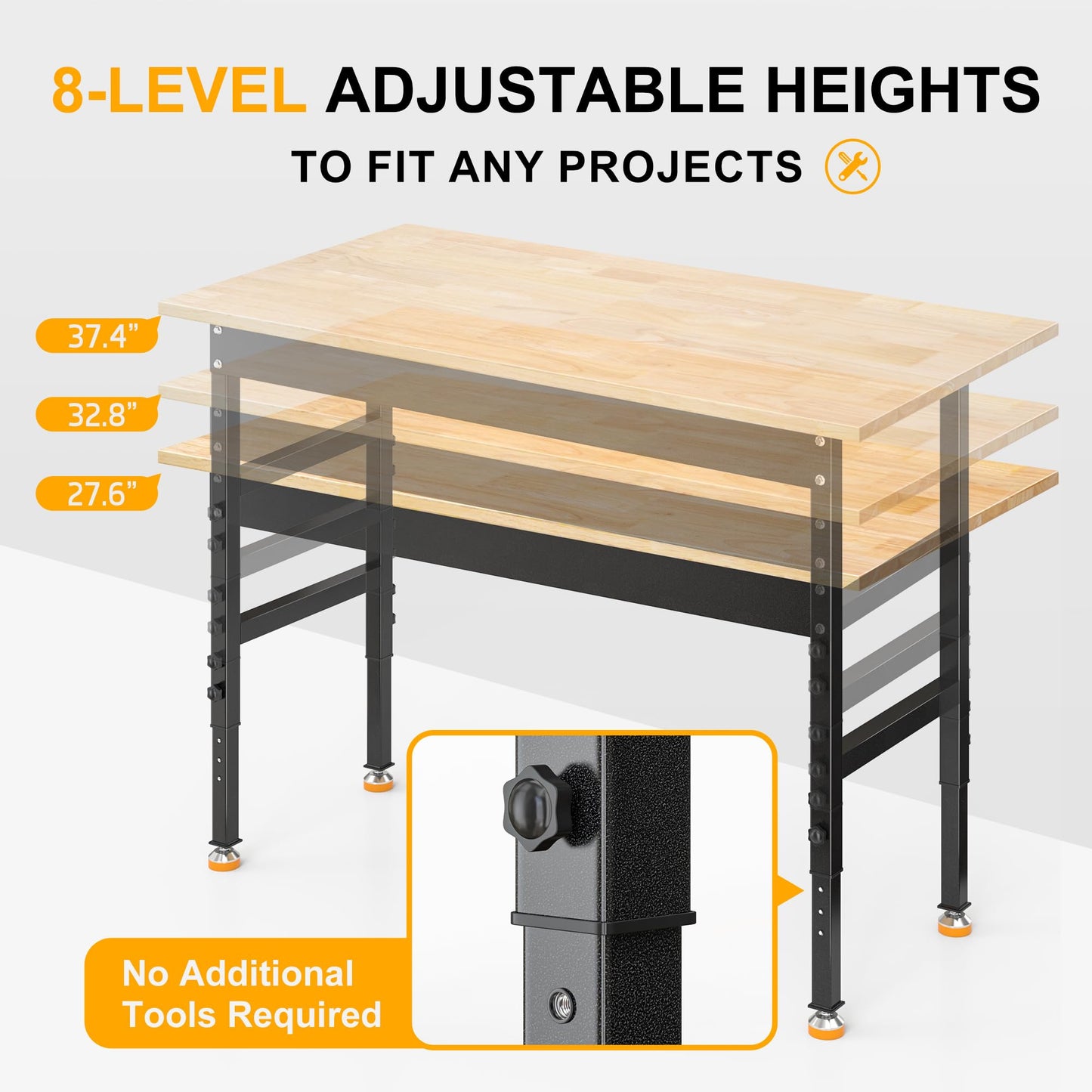 BETISEF 48’’ Work Bench Adjustable Workbench Heavy Duty Work Table with Rubber Pads, 2000 Lbs Capacity Hardwood Work Benches for Garage, Workshop, Office, Home - WoodArtSupply