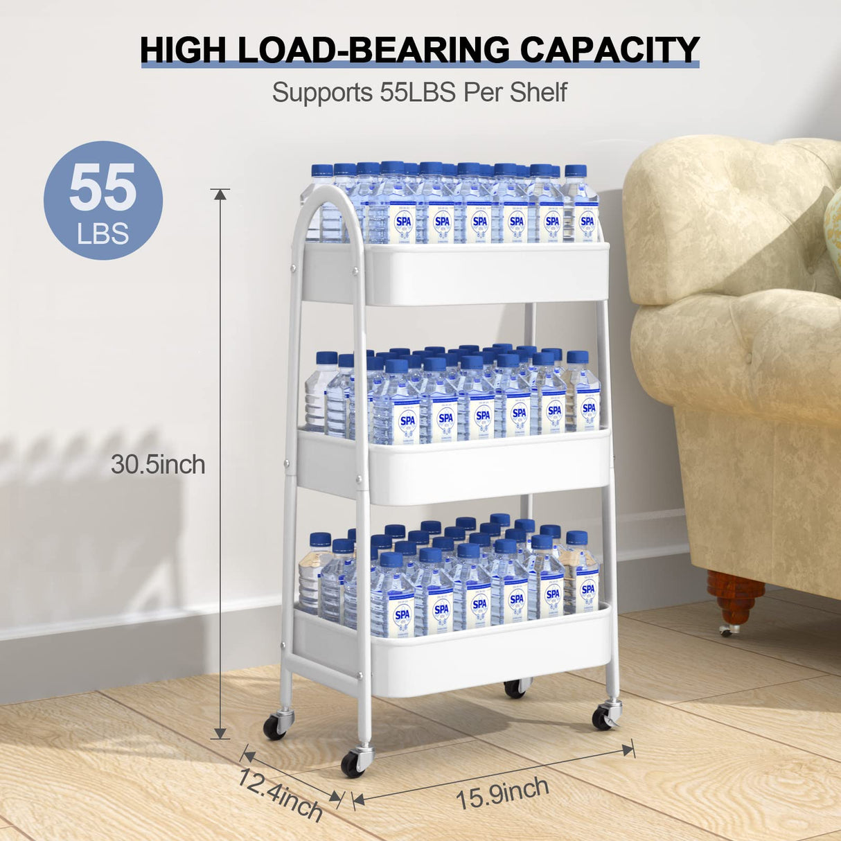 EAGMAK 3 Tier Utility Rolling Cart, Metal Storage Cart with Handle and Lockable Wheels, Multifunctional Storage Organizer Trolley with Mesh Baskets for Kitchen, Living Room, Office, Garage (White) EAGMAK