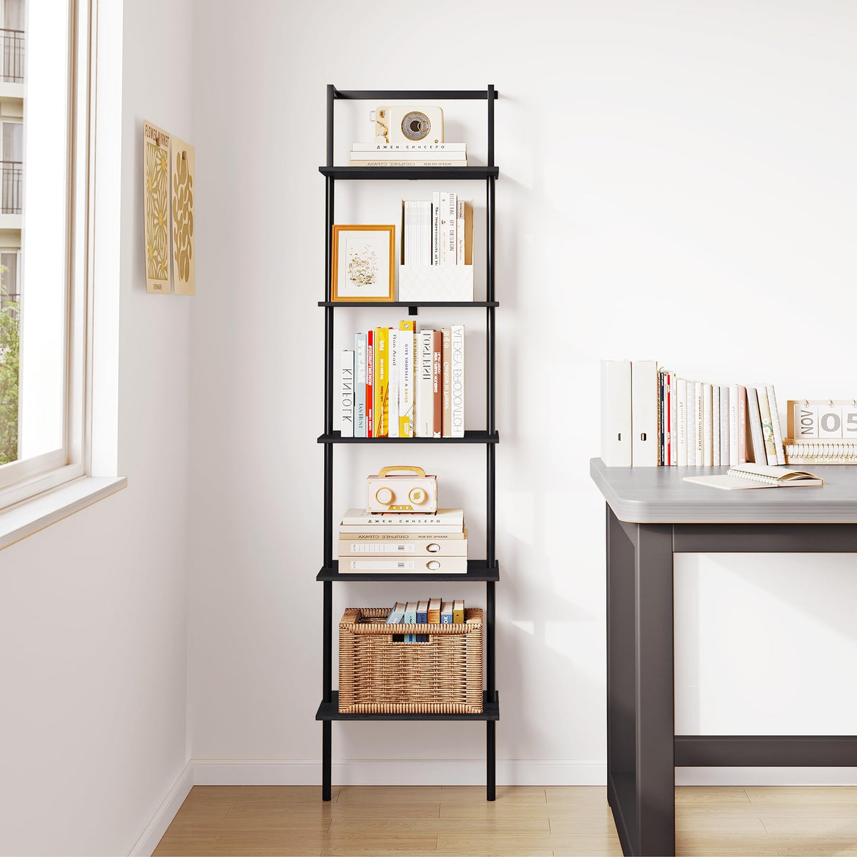 POBOMULI 5-Tier Ladder Shelf, Wall Mounted Ladder Bookshelf with Metal Frame, Wood Tall Open Storage Rack and Display Shelves for Home Office Bedroom Living Room, Black POBOMULI