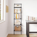 POBOMULI 5-Tier Ladder Shelf, Wall Mounted Ladder Bookshelf with Metal Frame, Wood Tall Open Storage Rack and Display Shelves for Home Office Bedroom Living Room, Black POBOMULI