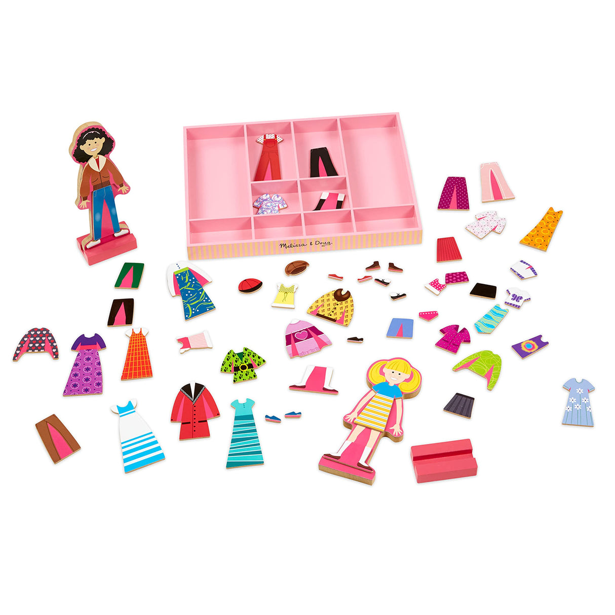 Melissa & Doug Abby and Emma Deluxe Magnetic Wooden Dress-Up Dolls Play Set (55+ pcs) Magnetic Paper Dolls for Kids Ages 3+ Melissa & Doug