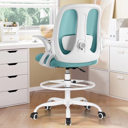 Razzor Drafting Chair Tall Ergonomic Office Chair with Adjustable Lumbar Support, Stand Stool High Office Desk with Footrest Ring, Executive Computer Chair with Flip Up Armrests - MintGreen