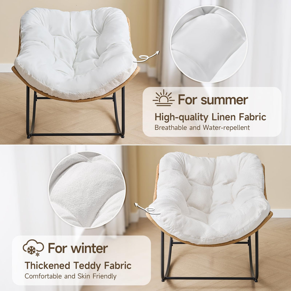 ONBRILL Outdoor Rocking Chairs, Oversized Papasan Rocking Chair Indoors with Padded Cushions, Rattan Wicker Lounge Chair for Living Room, Porch, Patio, Garden ONBRILL