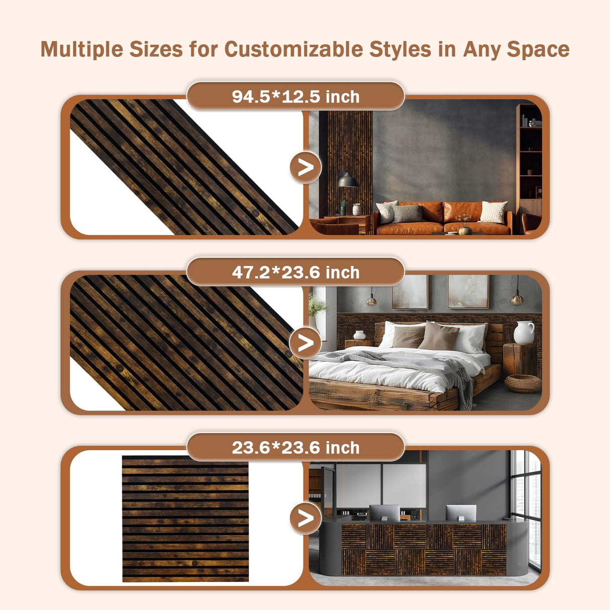 Wood Slat Wall Panel, Easy Installation, Versatile, Enhanced Acoustic Design, Suitable for Living Room, Bedroom, Kitchen & Offices, 47.2×23.6 inch, 2 Pack, Rustic Brown Mollywell