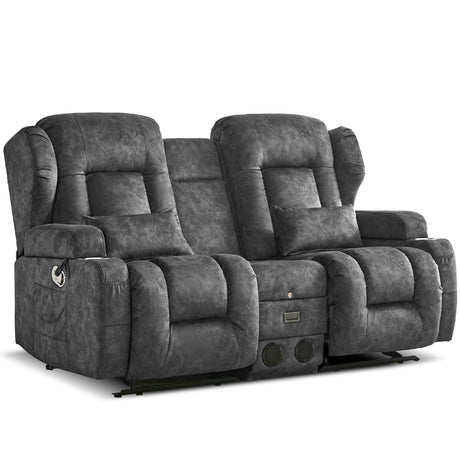 DRMBOOK Loveseat Rocker Recliner Sofa, Velvet Fabric Double Reclining Couches with Console, Manual Reclinable Dual Recliner Chair, RV Movie Theater Seating with USB/Bluetooth Speaker (Velvet Grey) DRMBOOK