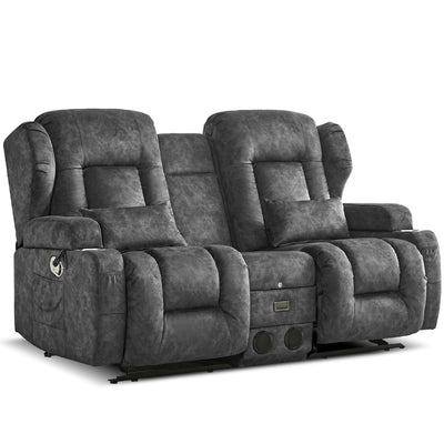 DRMBOOK Loveseat Rocker Recliner Sofa, Velvet Fabric Double Reclining Couches with Console, Manual Reclinable Dual Recliner Chair, RV Movie Theater Seating with USB/Bluetooth Speaker (Velvet Grey)