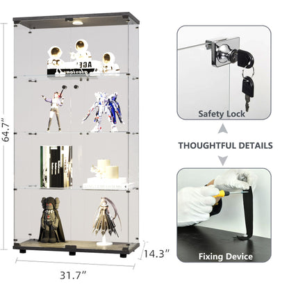 64.7" Glass Display Cabinet 4-Shelf Black Display Case with LED Light and Two Glass Doors Modern Curio Collection Cabinet, Floor Standing Bookshelf for Living Room Office（Black 64.7"x31.7"x14.3"）