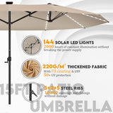 GDPFN 15ft Large Patio Umbrella with Solar Lights, Outdoor Double-Side Rectangular Umbrella, Backyard Pool Umbrella with LED Light for Deck, Outside, Market, Beige (Base Not Include) GDPFN