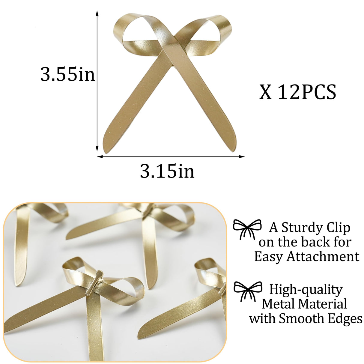 FESTGLOX Metal Bows for Christmas Tree, 12Pcs Gold Bow Ornaments with Clip for Xmas Tree Topper, Wreaths, Garland Decor, Elegant Festive Decoration FESTGLOX