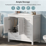Harper & Bright Designs 36" Bathroom Vanity with Sink, Free Standing Single Basin Vanity Set with Two Doors and 5 Drawers, Solid Wood Bathroom Cabinet with Ceramic Basin for Bathroom, White Harper & Bright Designs