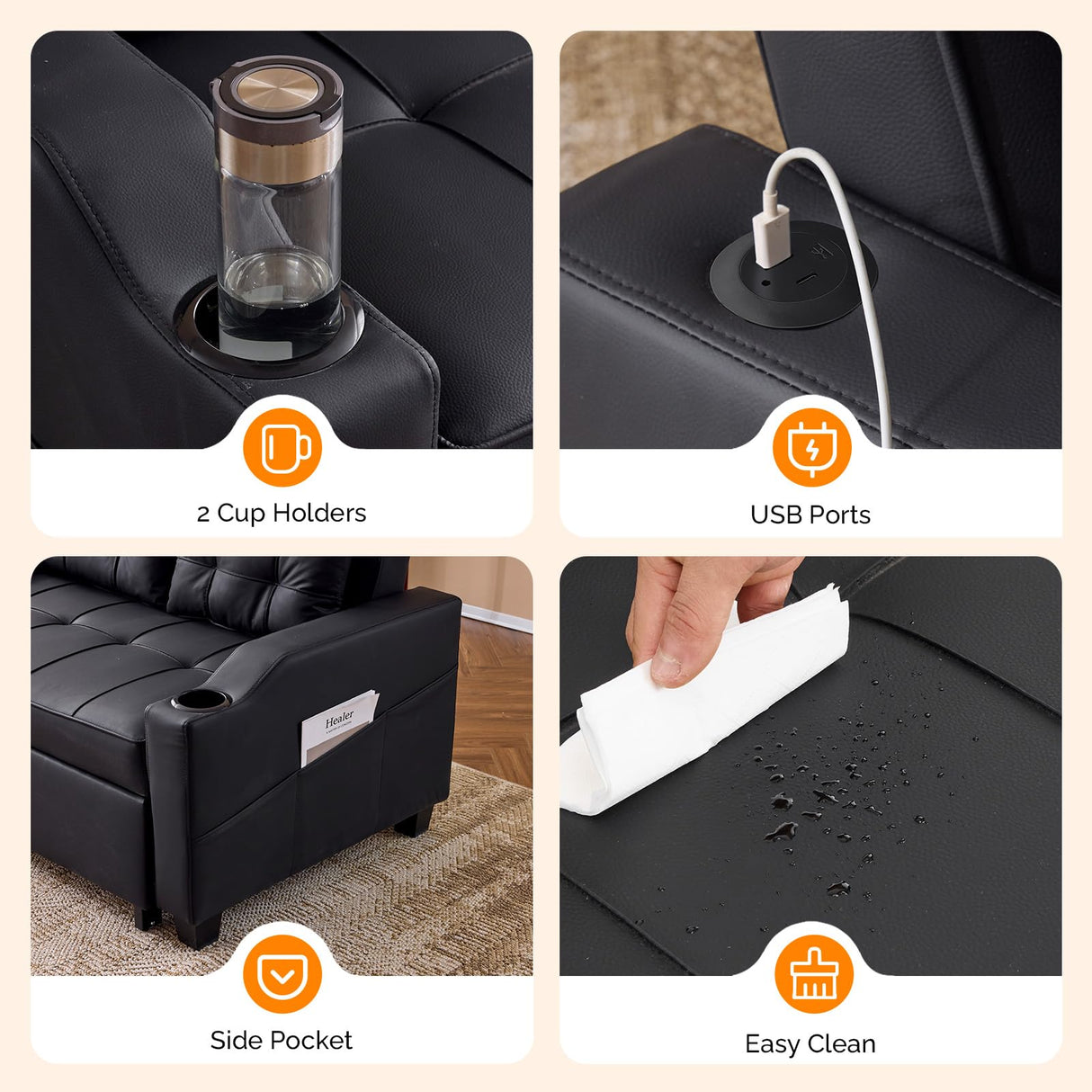 VINGLI Black Futon Sofa Bed Convertible Loveseat Sleeper Couch, Faux Leather Pullout Sofa Fold Out Couch Bed with USB Ports, Cup Holders, Armrest for Living Room, Bedroom Apartment Room VINGLI