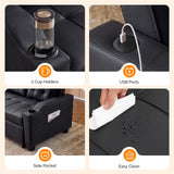 VINGLI Black Futon Sofa Bed Convertible Loveseat Sleeper Couch, Faux Leather Pullout Sofa Fold Out Couch Bed with USB Ports, Cup Holders, Armrest for Living Room, Bedroom Apartment Room VINGLI