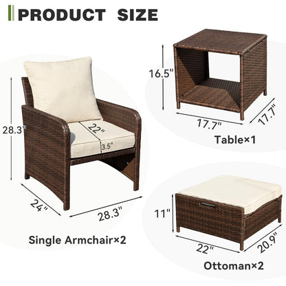 Suvivityse 5 Pieces Wicker Patio Furniture Set, Rattan Patio Conversations Sets, Patio Bistro Set with Ottoman and Table for Garden, Poolside, Backyard (Brown)