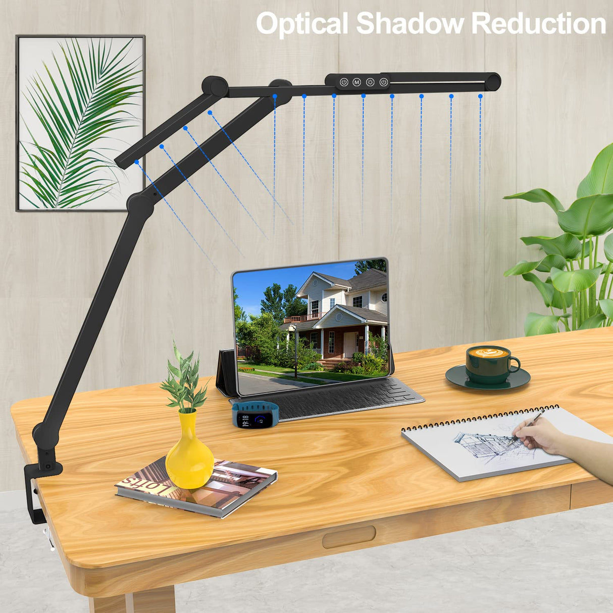 Micomlan Led Desk Lamp with Clamp, Architect Desk Lamp for Home Office with Atmosphere Lighting, 24W Ultra Bright Auto Dimming Desk Light Stepless Dimming and Tempering LED Table Light Micomlan