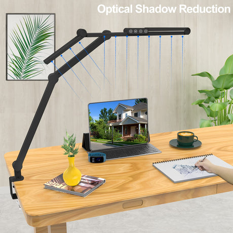 Micomlan Led Desk Lamp with Clamp, Architect Desk Lamp for Home Office with Atmosphere Lighting, 24W Ultra Bright Auto Dimming Desk Light Stepless Dimming and Tempering LED Table Light Micomlan