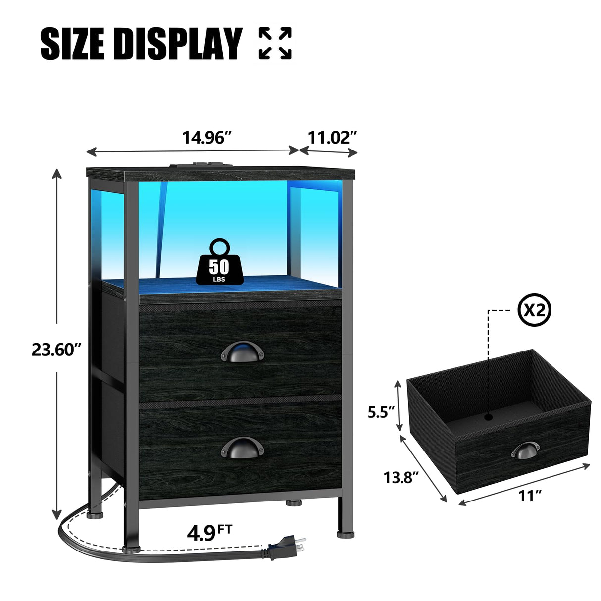 Furologee Nightstands with Charging Station, End Table with LED Lights, Black Night Stands with 2 Fabric Drawers, Bedside Tables with Shelves for Living Room/Bedroom,Black Oak Furologee