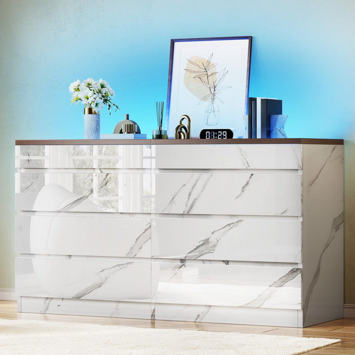 DWVO 8 Drawer Dresser with LED Light,White Marble Dresser, Modern 8 Chest of Drawers with Deep Drawers Glass Top High Gloss Surface, Storage Organizer Cabinet for Living Room, Bedroom DWVO