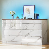 DWVO 8 Drawer Dresser with LED Light,White Marble Dresser, Modern 8 Chest of Drawers with Deep Drawers Glass Top High Gloss Surface, Storage Organizer Cabinet for Living Room, Bedroom DWVO