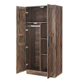 Merax Small Wardrobe Closet with 2 Doors, Wooden 2-Door Armoire Wardrobe Closet with LED and Hanging Rail, Mid Century Brown Bedroom Armoire for Clothing, Brown Merax