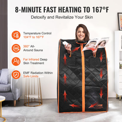 VEVOR Portable Sauna Tent Personal Sauna Kit for Home Spa, Detoxify & Soothing Infrared Heated Body Therapy, Time & Temperature Remote Control with Chair & Floor Mat 1050W