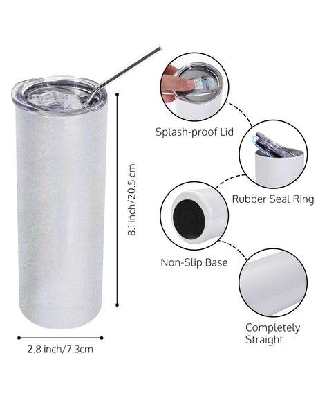 OFFNOVA Stainless Steel Glitter White 20 OZ Tumbler, 2 Pack with Lid and Straw, Sublimation Tumbler Blank Coffee Mug, Double-Walled Vacuum Insulated OFFNOVA