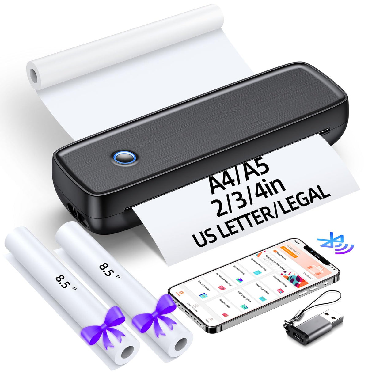Portable Printer Wireless for Travel，Bluetooth Thermal Printer Support 8.5 X 11in US Letter &Legal, A4&A5 Thermal Paper, Inkless Printer Compatible with iOS, Android & Laptop for Office Car Home Aixiqee