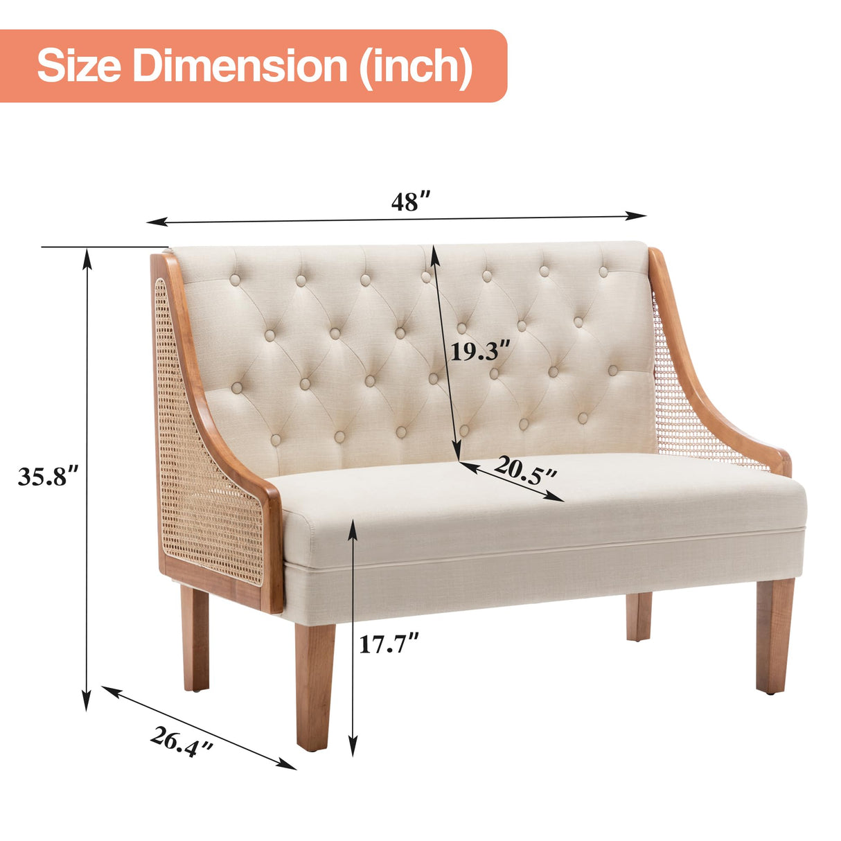 Yongqiang Modern Settee with Back Small Loveseat Sofa Rattan Upholstered Dining Banquette Seating for Kitchen Dining Room Living Room Linen Button Tufted Mini Couch Yongqiang