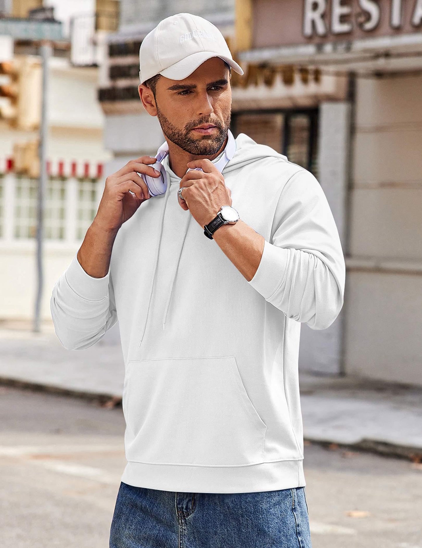 COOFANDY Men's Workout Hoodie Lightweight Gym Athletic Sweatshirt Plain Pullover Hooded Sweatshirt with Kangaoo Pocket White